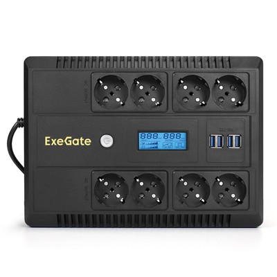 ИБП Exegate NEO Smart LHB-1000.LCD.AVR.8SH.CH.RJ.USB <1000VA/650W, LCD, AVR, 8*Schuko, RJ45/11, USB, 4*USB-порта для зарядки, Black EX293858RUS